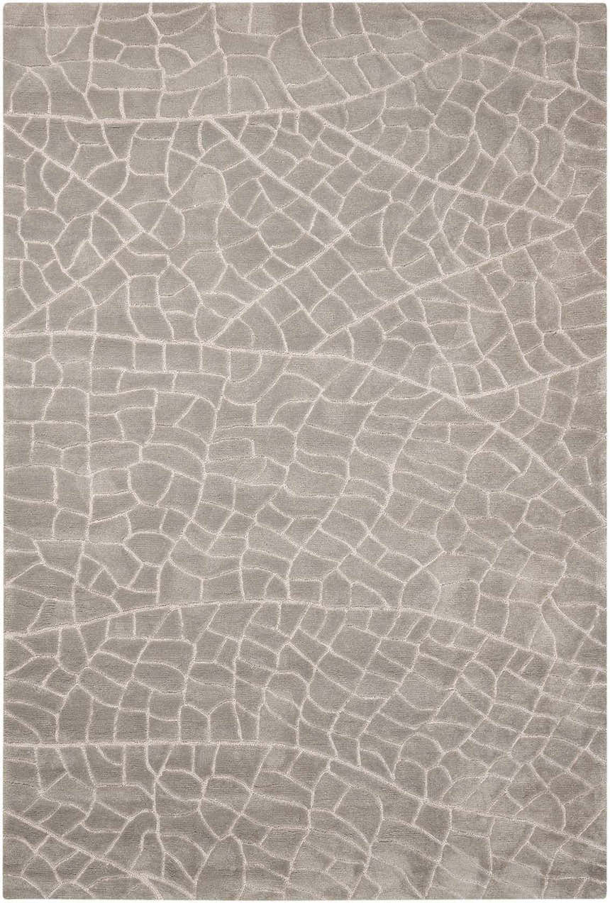 Close-up of the gray Nourison Escalade Granite area rug featuring a unique, abstract cracked pattern.