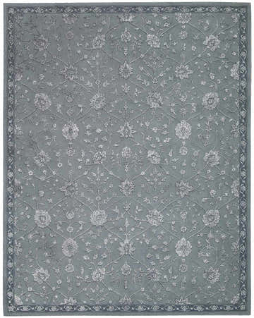Close-up of Nourison Regal Slate Persian rug; taupe wool and silk with floral pattern and decorative border.