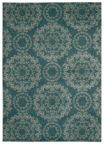 Close-up of the Nourison Tranquility Aqua Bohemian rug, featuring a detailed medallion pattern on an aqua blue background.