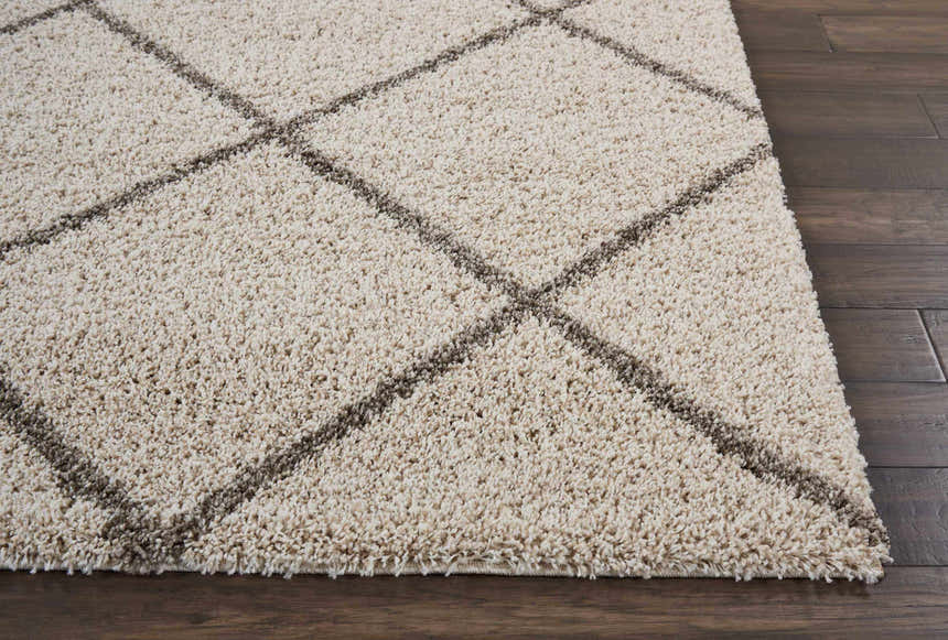 Close-up of the cream-colored, shag Nourison Brisbane rug with a geometric diamond pattern on a dark wood floor.