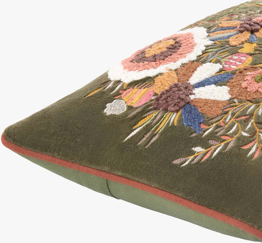 Verona Olive Floral Nature Pattern Cottage Cotton Lumbar Pillow - Clearance