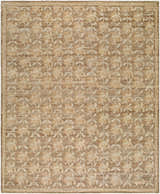 Close-up of the Almussafes Area Rug. Hand-knotted wool and linen rug in beige, ivory, and taupe with a floral pattern. Design-Rectangle-810
