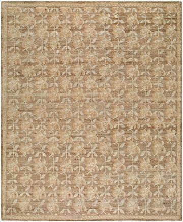 Close-up of the Almussafes Area Rug. Hand-knotted wool and linen rug in beige, ivory, and taupe with a floral pattern. Design-Rectangle-810