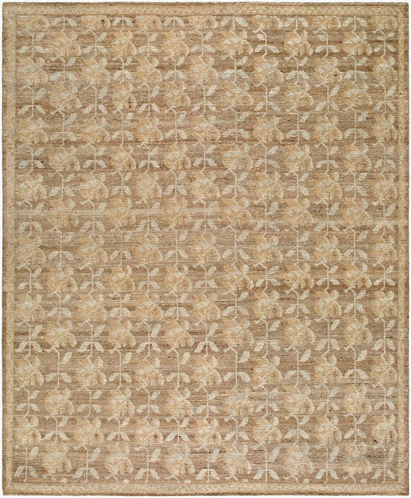 Close-up of the Almussafes Area Rug. Hand-knotted wool and linen rug in beige, ivory, and taupe with a floral pattern. Design-Rectangle-810