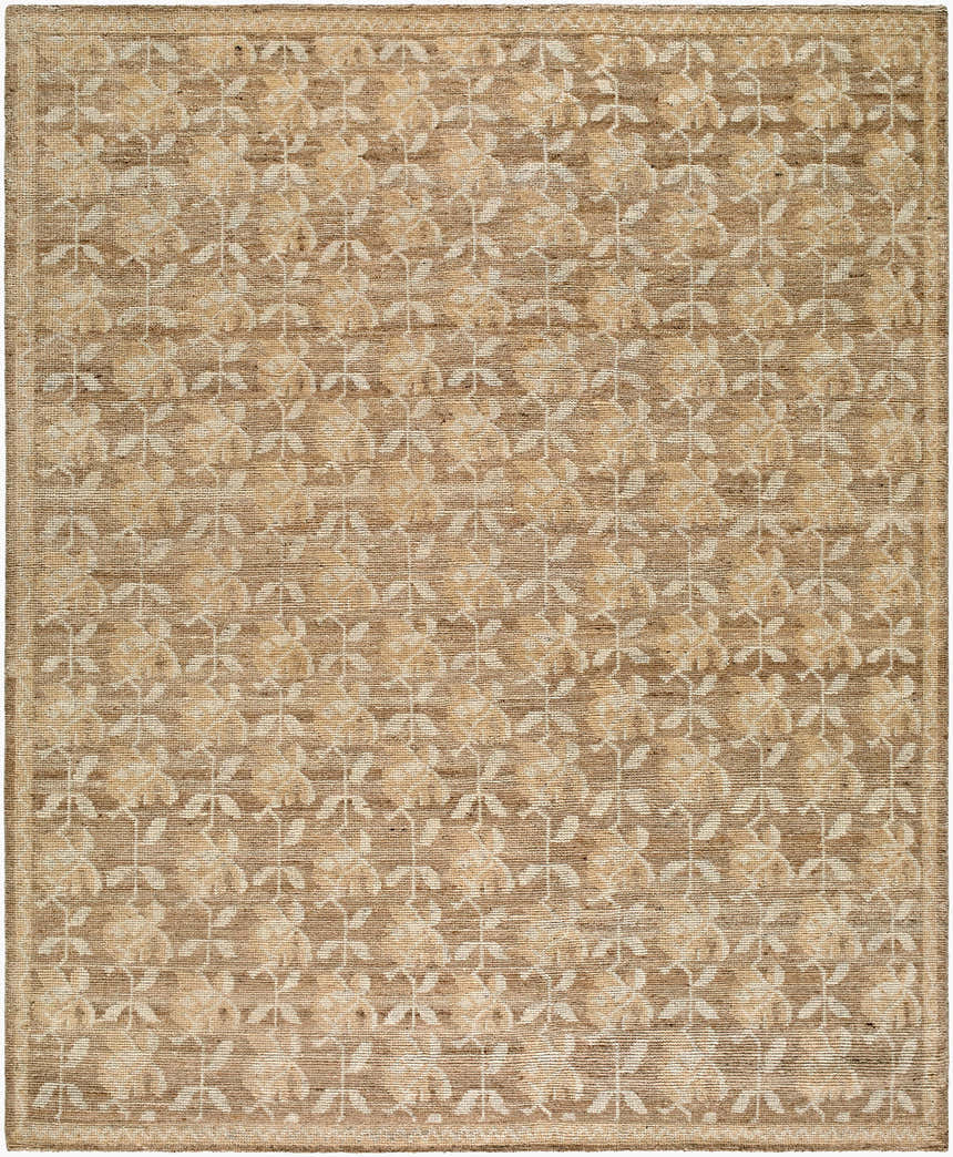 Close-up of the Almussafes Area Rug. Hand-knotted wool and linen rug in beige, ivory, and taupe with a floral pattern. Design-Rectangle-810