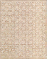 Close-up of the Almussafes Area Rug. Hand-knotted wool and linen rug in beige, ivory, and taupe with a floral pattern. Design-Rectangle-810