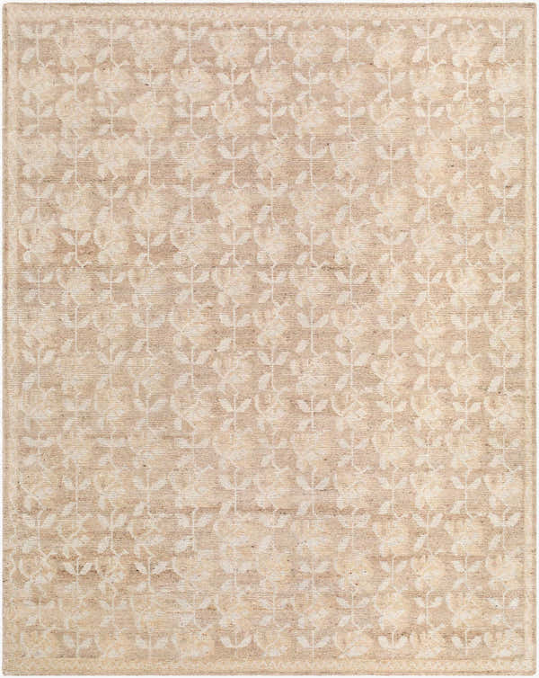 Close-up of the Almussafes Area Rug. Hand-knotted wool and linen rug in beige, ivory, and taupe with a floral pattern. Design-Rectangle-810