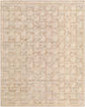 Close-up of the Almussafes Area Rug. Hand-knotted wool and linen rug in beige, ivory, and taupe with a floral pattern. Design-Rectangle-810