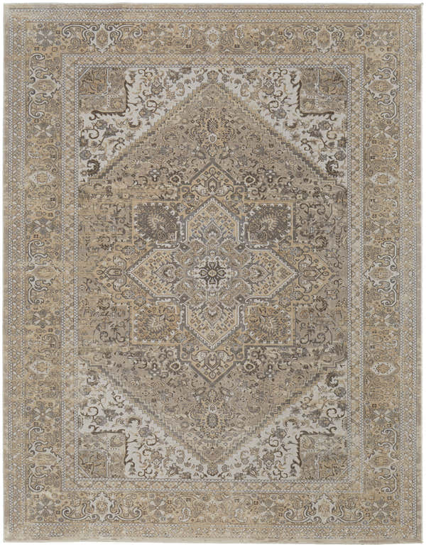 Feizy Celene Traditional Medallion Rug in brown, ivory, and tan featuring a vintage-inspired, intricate design. Design-Rectangle