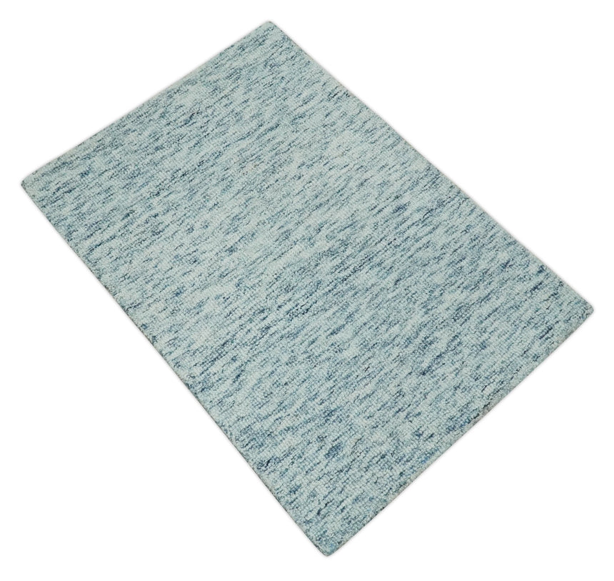 Custom Made Ivory and Blue Abstract Hand Tufted Natural Wool Area Rug