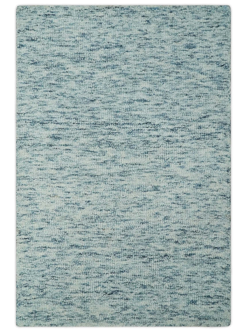 Custom Made Ivory and Blue Abstract Hand Tufted Natural Wool Area Rug