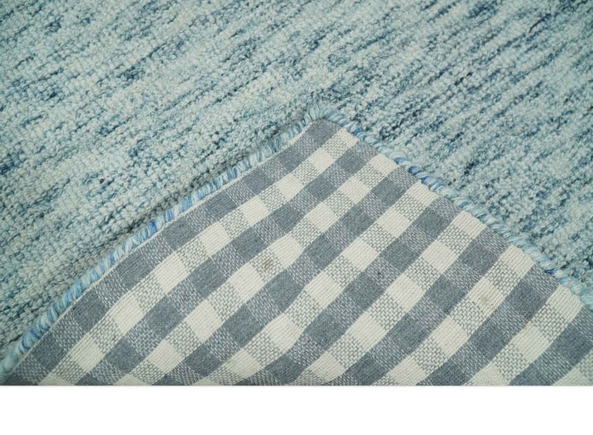 Custom Made Ivory and Blue Abstract Hand Tufted Natural Wool Area Rug