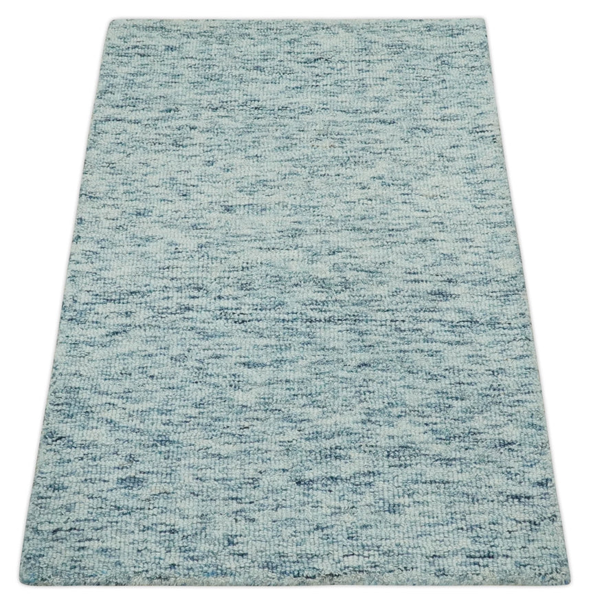 Custom Made Ivory and Blue Abstract Hand Tufted Natural Wool Area Rug