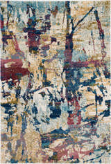 Close-up of Nourison Fusion Cream Multicolor rug featuring an abstract pattern in cream, blue, gold, and burgundy.