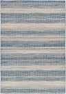 Close-up of the Kris Navy Area Rug showing a contemporary striped pattern in shades of blue, gray and natural. Design-Rectangle-517
