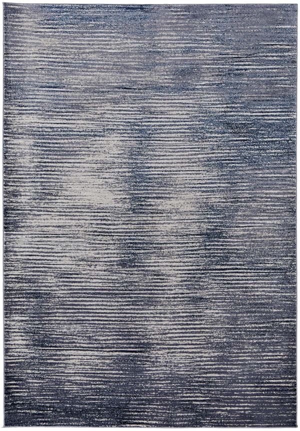 Close-up of Feizy Indio rug. Modern gradient design in blue, gray, and ivory hues with a subtle horizontal pattern. Design-Rectangle