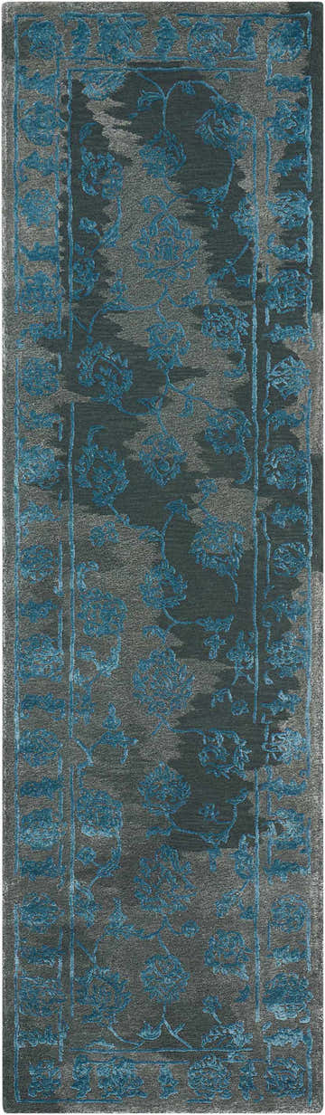 Close-up of Nourison Opaline Charcoal Blue rug with a vintage floral pattern and taupe accents. Handmade wool runner.