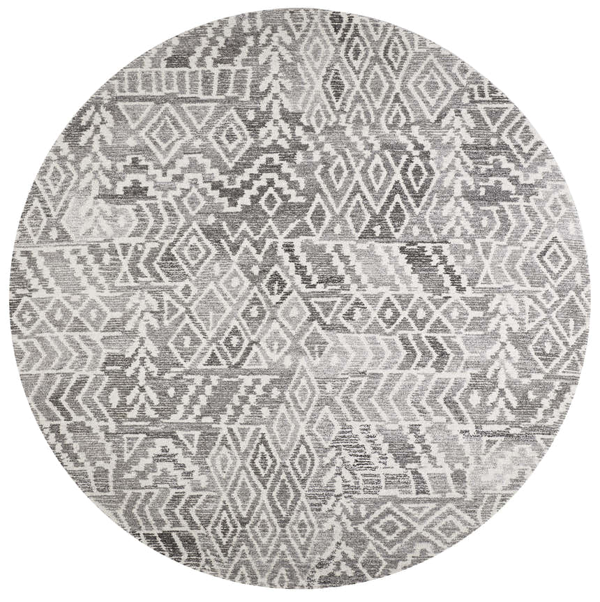 Feizy Asher gray and white round rug with a distressed transitional diamond pattern. Design-Round