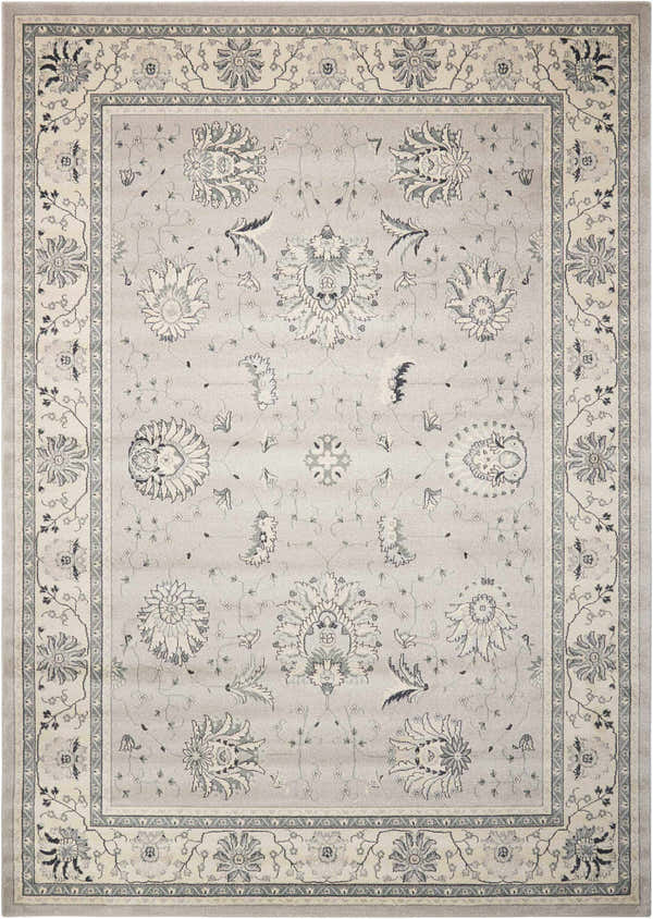 Close-up of the Nourison Maymana Silver Persian Area Rug, showcasing its floral pattern, border, and soft gray tones.