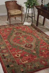 Traditional living room with a Nourison Tahoe Rust rug, wood chair, plant stand, and console table.