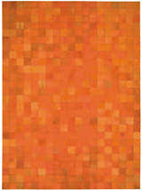 Close-up of the Barclay Butera Medley Tangerine Rug. Modern design with dark orange, woolen cloth, and hair on hide squares.