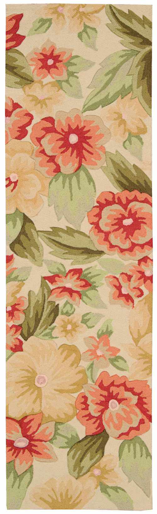 Close-up of Nourison Fantasy Cream Traditional rug featuring a floral pattern in cream, red, peach, and green.