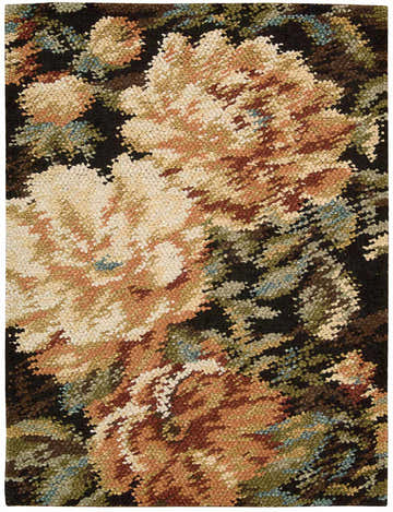 Close-up of the Nourison Impressionist Harvest Floral rug. Handmade wool rug with a detailed floral design in harvest hues.
