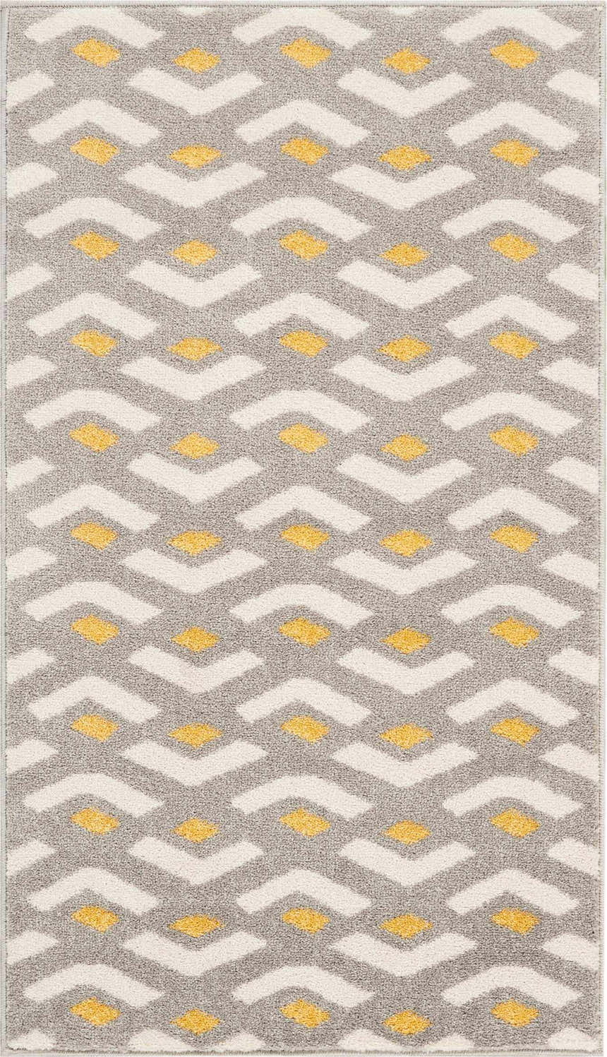 Close-up of Nourison Harper Grey Colorful Indoor Area Rug with gray, white, and yellow geometric pattern.