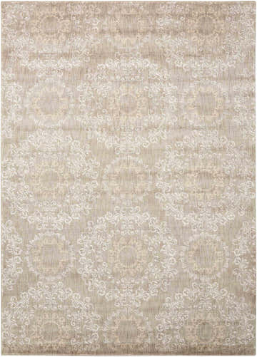 Close-up of Nourison Tranquility Stone Bohemian Rug. Sandstone-colored nylon with a subtle, ornate floral medallion pattern.