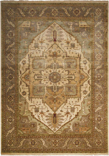 Handmade Nourison Legend Beige Persian Area Rug with intricate floral and geometric patterns. 100% Wool rug.