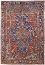 Feizy Rawlins rug featuring a red, tan, and blue geometric medallion design. Intricate, vintage-inspired pattern. Design-Rectangle