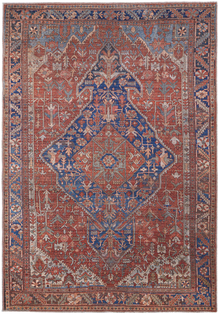 Feizy Rawlins rug featuring a red, tan, and blue geometric medallion design. Intricate, vintage-inspired pattern. Design-Rectangle