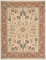 Close-up of the handmade Nourison Nourmak Light Gold Vintage Area Rug, featuring a floral pattern and red border.