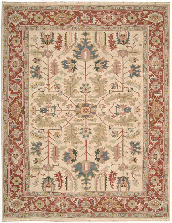 Close-up of the handmade Nourison Nourmak Light Gold Vintage Area Rug, featuring a floral pattern and red border.