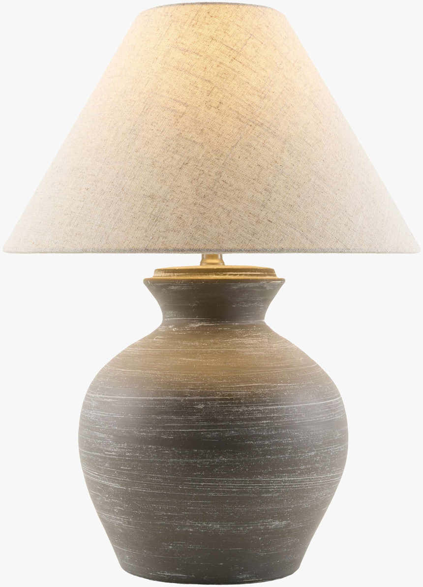 Dark Gray Rustic Table Lamp with Natural Linen Shade