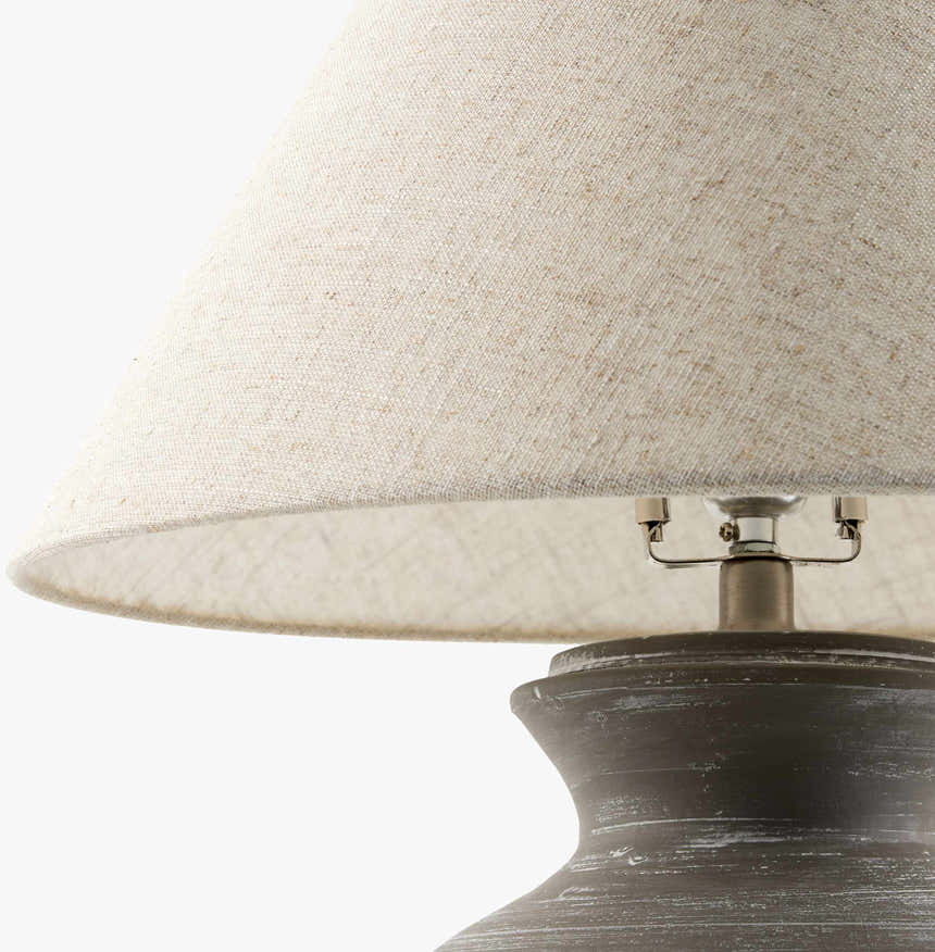 Dark Gray Rustic Table Lamp with Natural Linen Shade