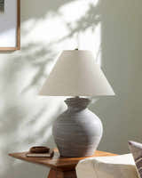 Dark Gray Rustic Table Lamp with Natural Linen Shade