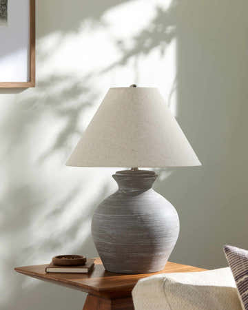 Dark Gray Rustic Table Lamp with Natural Linen Shade