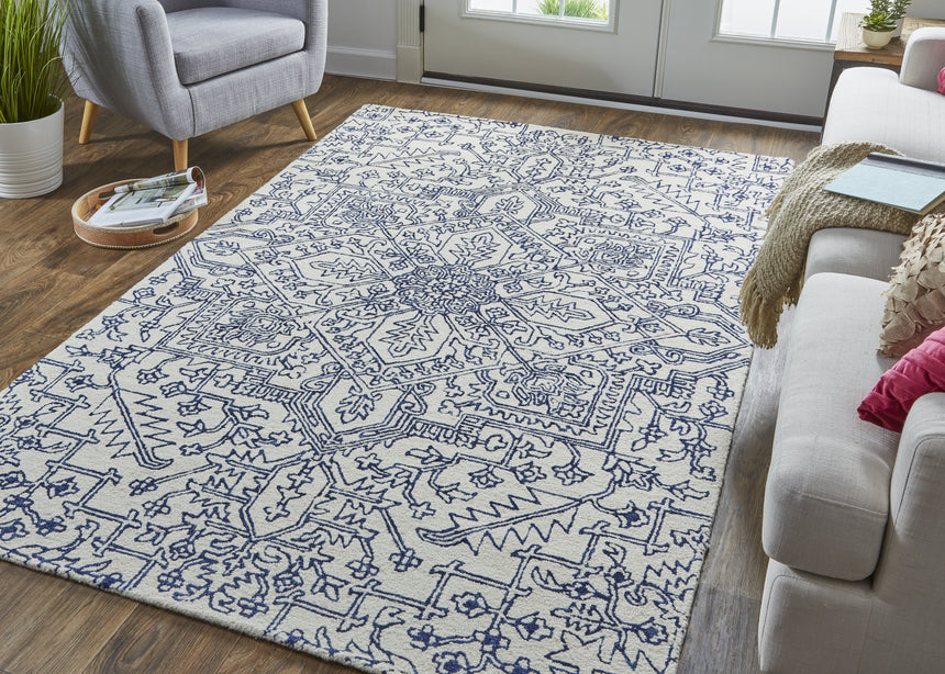 Feizy Belfort Transitional Medallion - Ivory/Blue Area Rug - Clearance