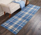 Entryway with a light beige bench and Nourison Grafix Blue Rustic runner rug on dark wood floors.