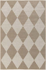 Close up of Nourison Modern Jute Natural Ivory rug, featuring a chestnut and ivory diamond pattern and jute texture.