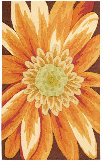 Close-up of Nourison Fantasy Multicolor Rug, featuring a large orange flower with a green center on a brown background.