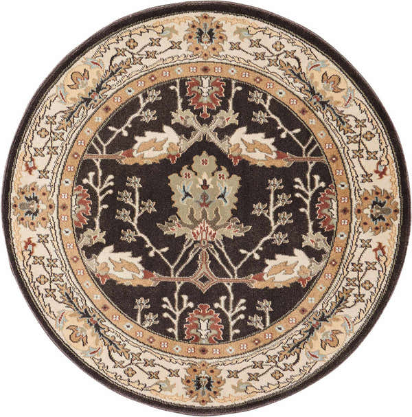 Close-up of round Nourison Walden Bistre Vintage Area Rug. Features a floral pattern in bistre, beige, and brown tones.