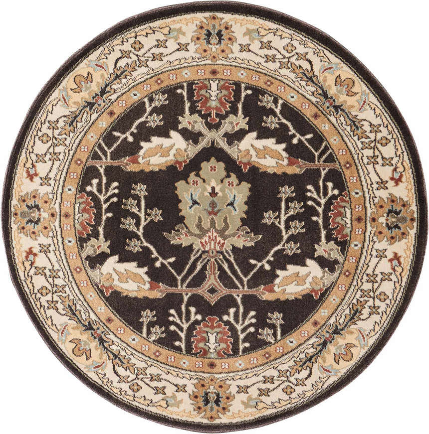 Close-up of round Nourison Walden Bistre Vintage Area Rug. Features a floral pattern in bistre, beige, and brown tones.