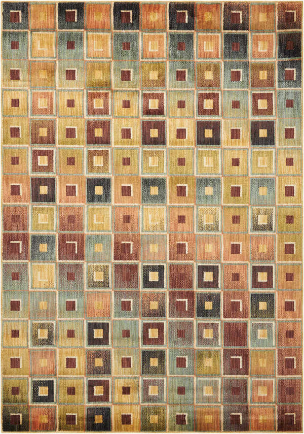 Close-up of the Nourison Aristo Multicolor rug, featuring a geometric square pattern in gold, brown, green, and blue hues.