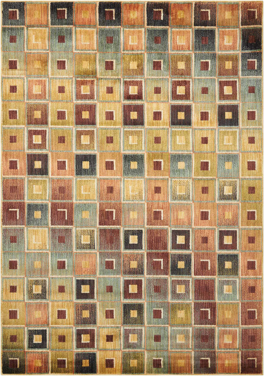 Close-up of the Nourison Aristo Multicolor rug, featuring a geometric square pattern in gold, brown, green, and blue hues.