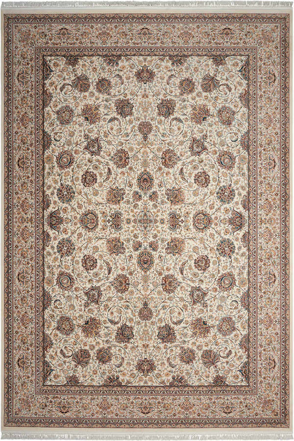 Close-up of a cream Persian rug. Intricate floral pattern with brown, gold, and blue accents. Nourison Persian Palace Cream rug.