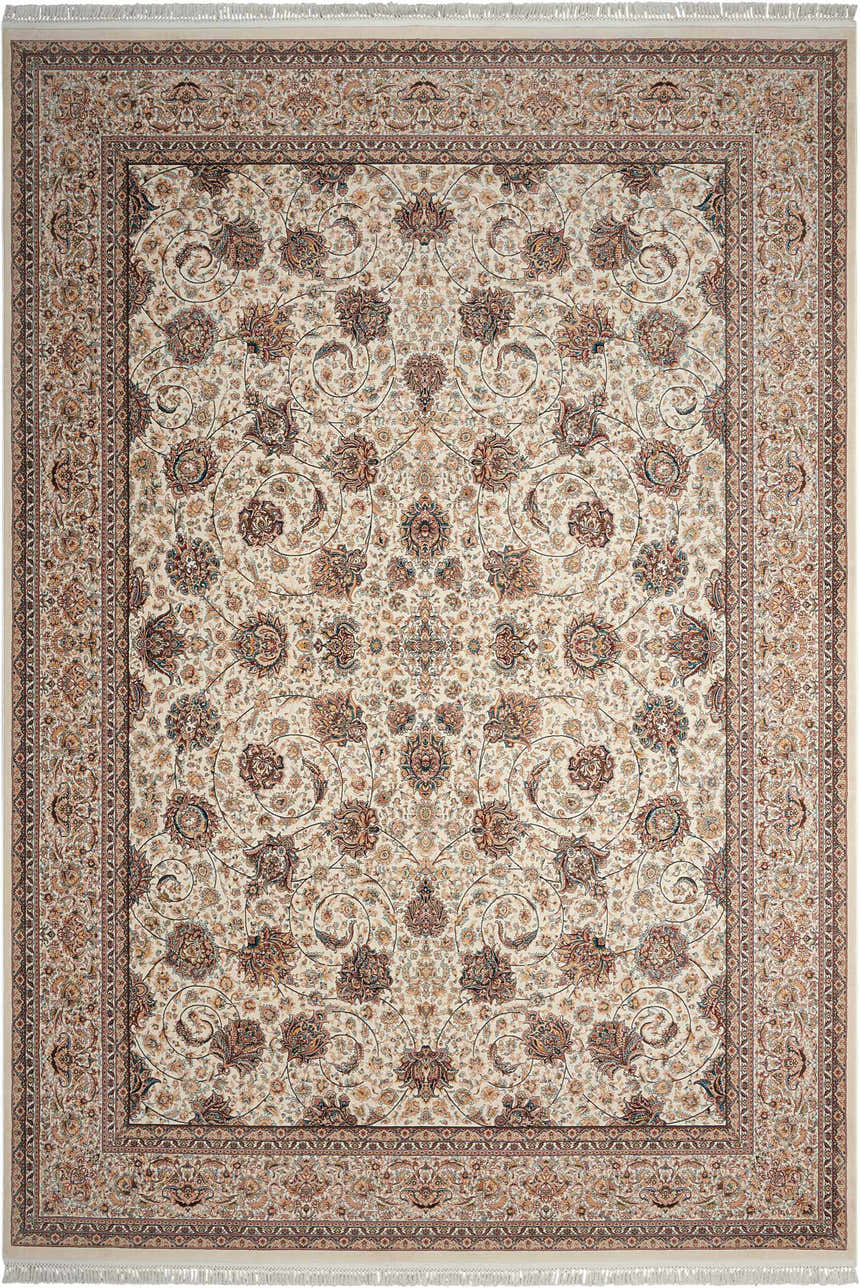 Close-up of a cream Persian rug. Intricate floral pattern with brown, gold, and blue accents. Nourison Persian Palace Cream rug.