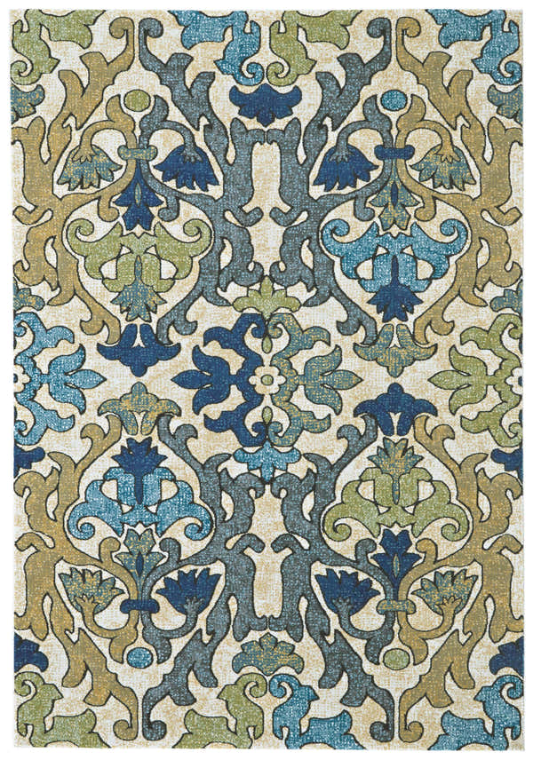 Close-up of Feizy Brixton rug. Modern floral and botanical pattern in gray, green, and tan on a neutral background. Design-Rectangle