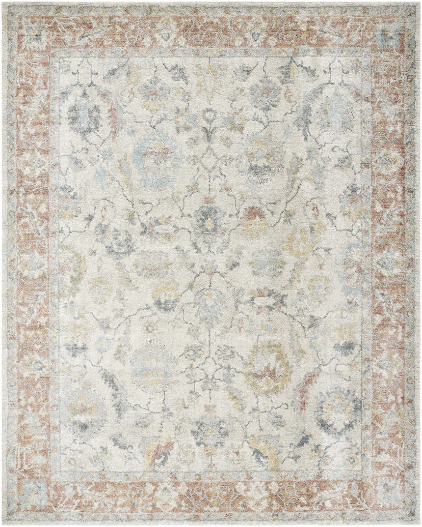 Close-up of the Yetta Beige Thick Luxe Area Rug, showcasing its traditional floral pattern and warm beige, pink, and gray tones. Design-Rectangle-71010